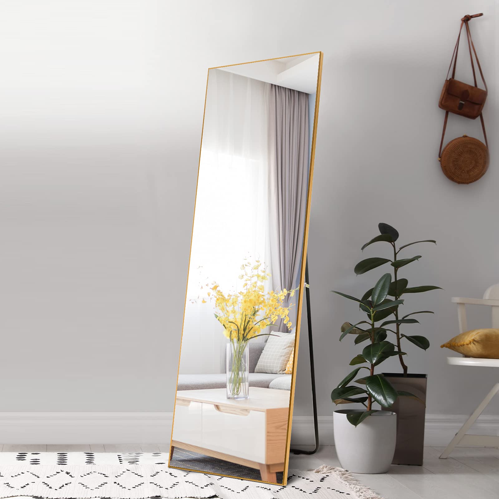 Ruomeng Full Length Mirror 65"X22" Floor Mirror Standing Hanging or Leaning Against Wall, Aluminum Frame Dressing Mirror Wall Mounted Mirror, Brushed Gold