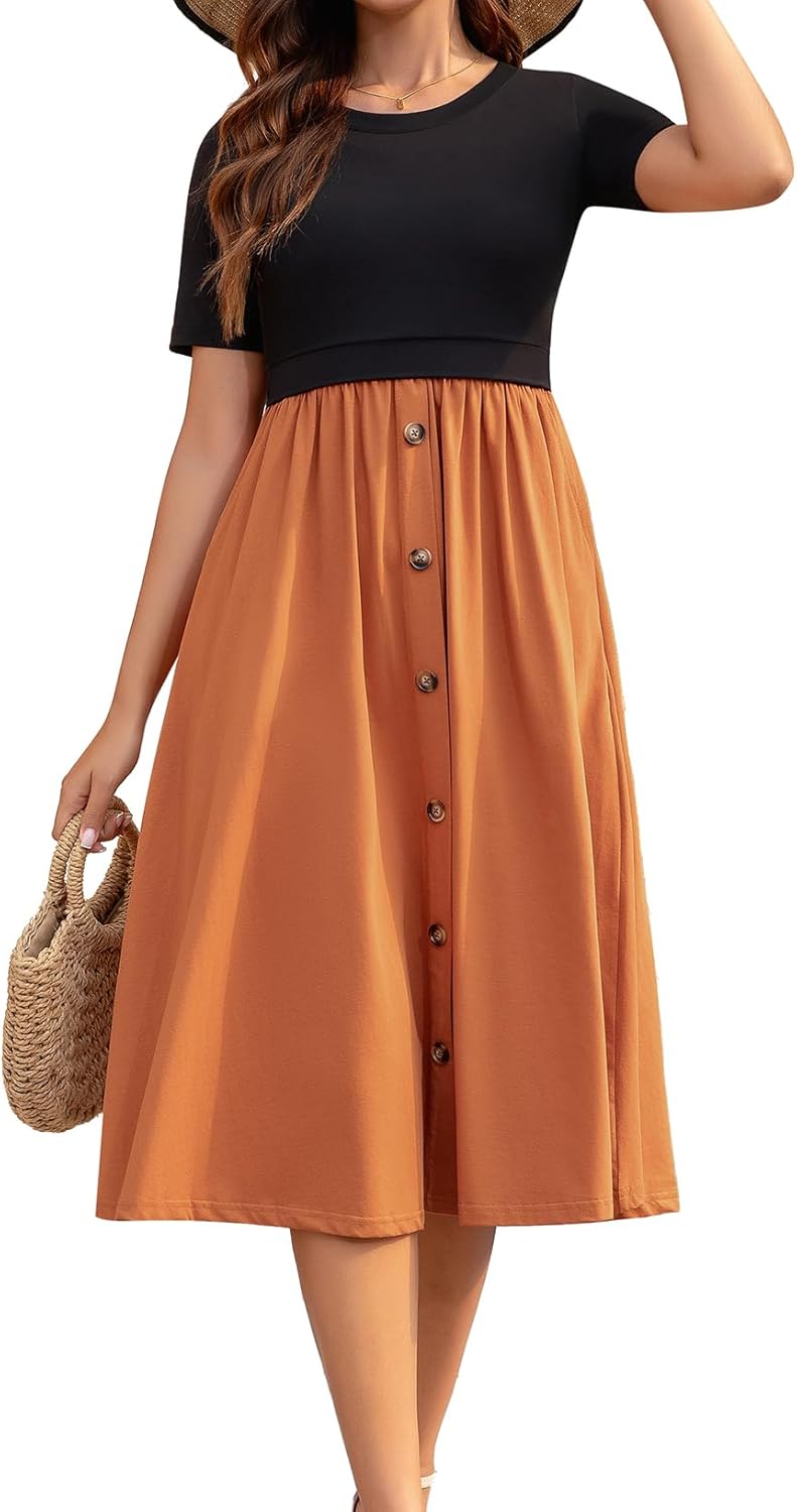 Women's Cotton Nursing Dresses Breastfeeding Midi Color Block Breastfeeding Dress with Pockets