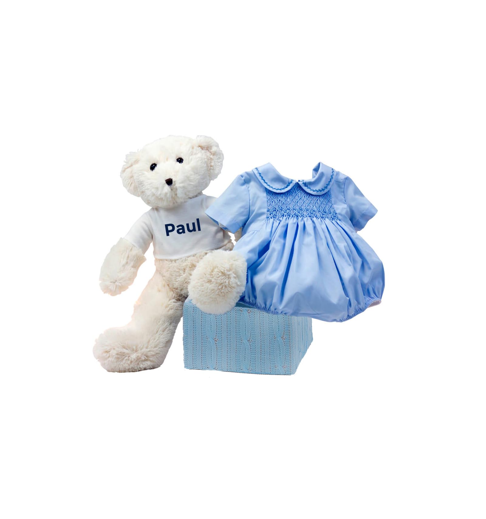 Regalo bebé ranita|pelele de punto de Smock|nido de abeja Azul válido de 6 a 12 meses | Y un precioso oso de peluche personalizado | Presentado en una caja vontage muy elegante | BebeDeParis