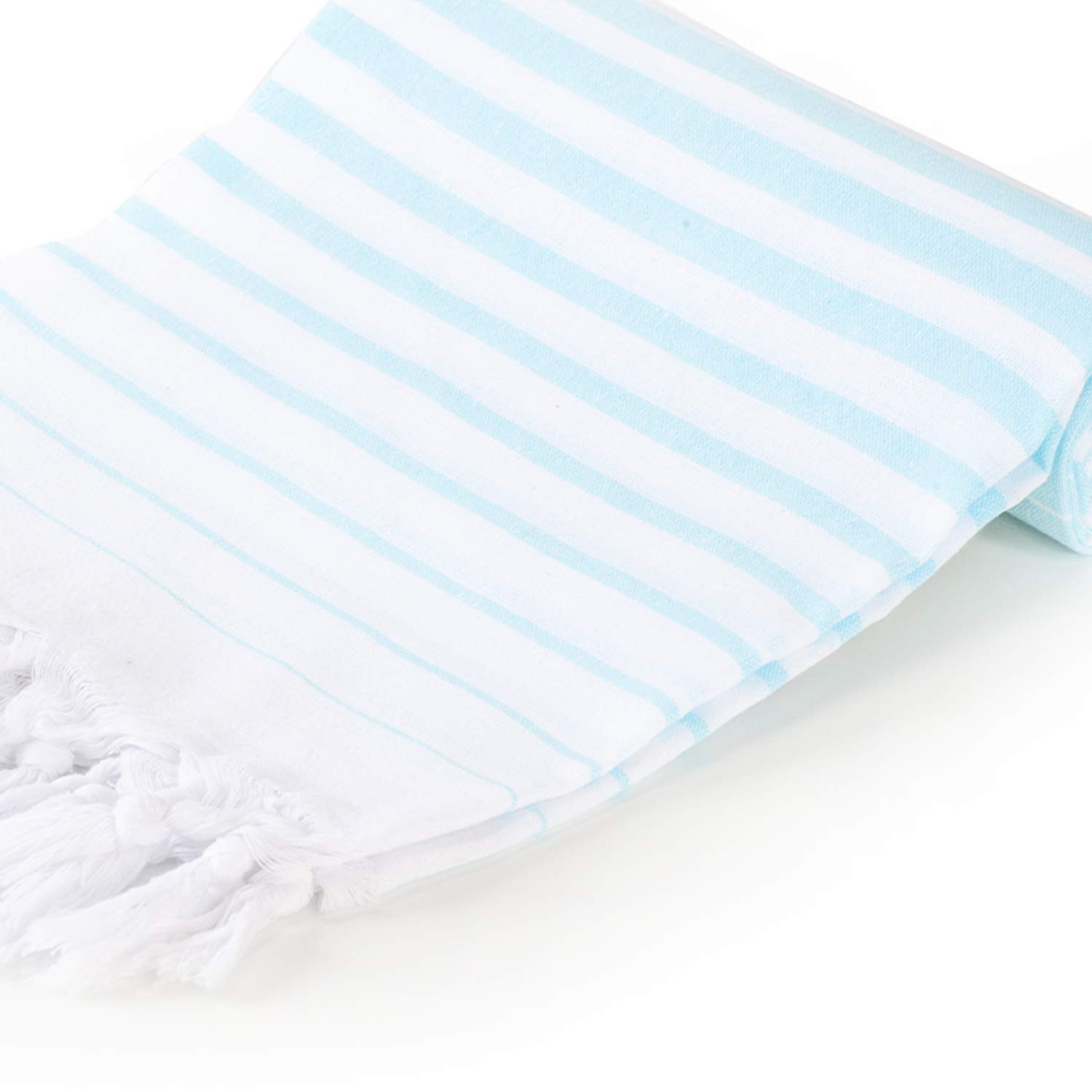 Great LoomCotton Super Thin Beach Towel XL 36 x 67 Inches. Ultra Thin Towel, Turkish Towel, Peshtemal. Cyan Stripes on White