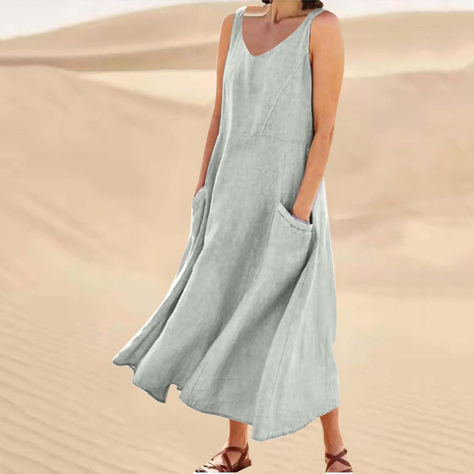 Vestido largo de lino para mujer, vestido largo de verano para mujer, tallas grandes, vestido de ocio, ligero, ventilado, para la playa, elegante, vestido de casa, vestido de tirantes monocolor