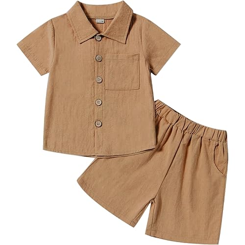Neutocd Toddler Baby Boy Summer Clothes Cotton Linen Short Sleeve Solid Button Down Shirt Shorts Set Outfits with Pockets