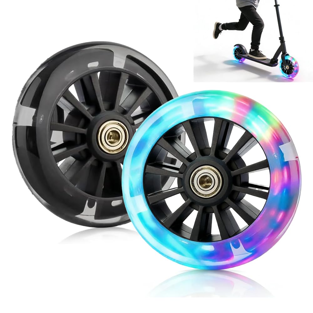Spare Wheels for Scooter, 2 Pieces Luminous Wheels for Scooter, 120 mm Replacement Wheels with Abec-7 Ball Bearings, Quiet, Durable, Suitable for Scooters Black