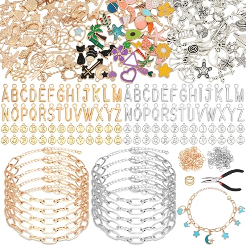 Charm Bracelet Making Kit for Adults & Teens 477Pcs DIY Charm Bracelet Set with Gold & Silver Charms Paperclip Chain Bracelets Alphabet Charms Complete Jewelry Making Supplies for Crafting
