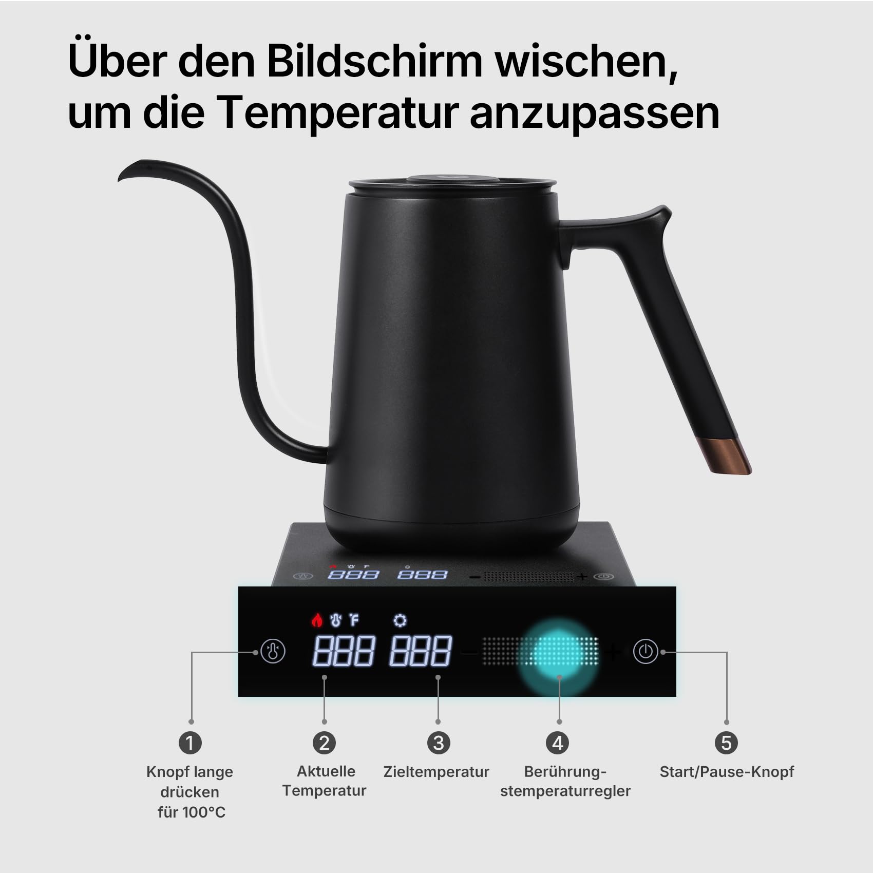 TIMEMORE Elektrischer Schwanenhals Wasserkocher Kaffee-und Teekanne, Fish Smart Coffee Electric Kettle 600ML Mit Temperatureinstellung für Coffee Tea Brewing, Home Edition Black, 192s Schnell auf 88°C