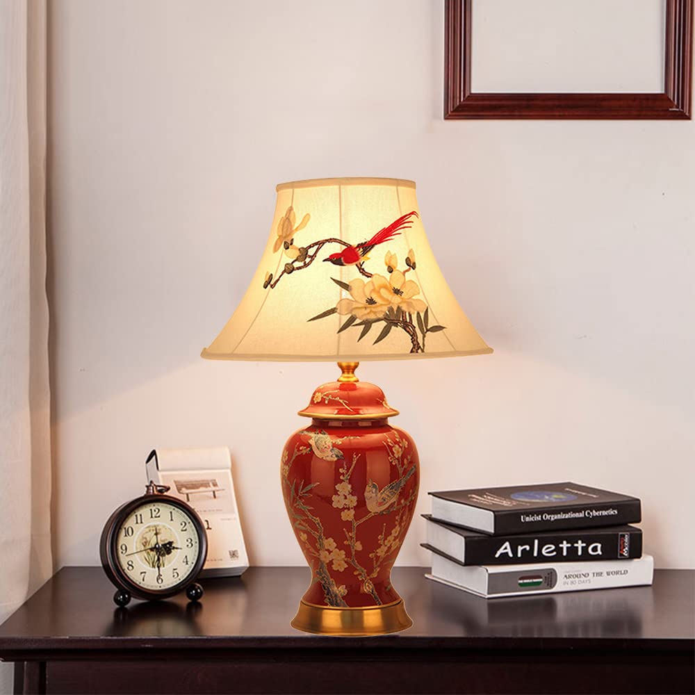 Mengjay Ceramica Lampada da scrivania,Luce da Scrivania in Tessuto,Lampada da scrivania in Ceramica Lampada da Tavolo Vintage,E27 Lampada comodino per camera da letto, studio (Rosso)