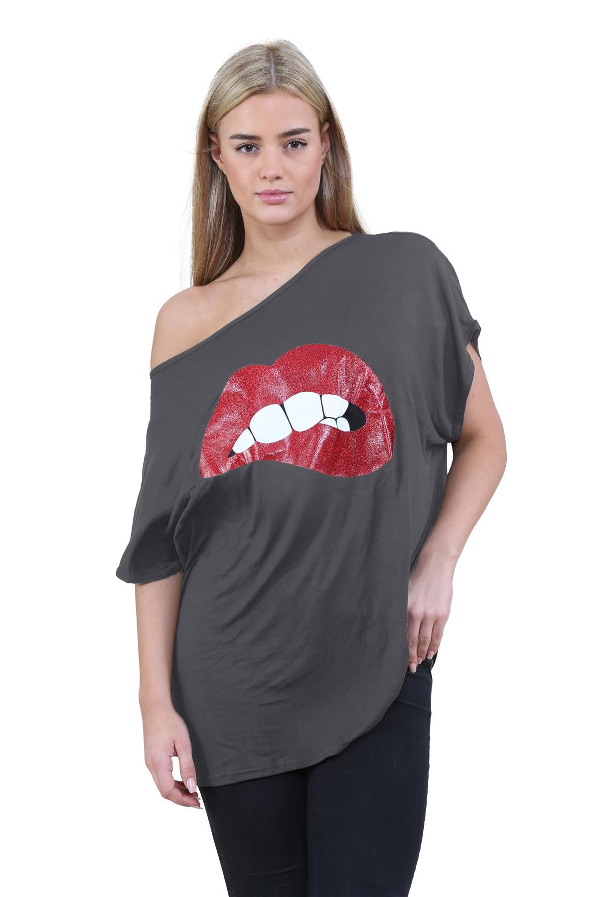 Janisramone Femmes Dames Nouveau Plaine De Le Épaule Batwing Manche Bardot Baggy Surdimensionné T-Shirt Tee Top