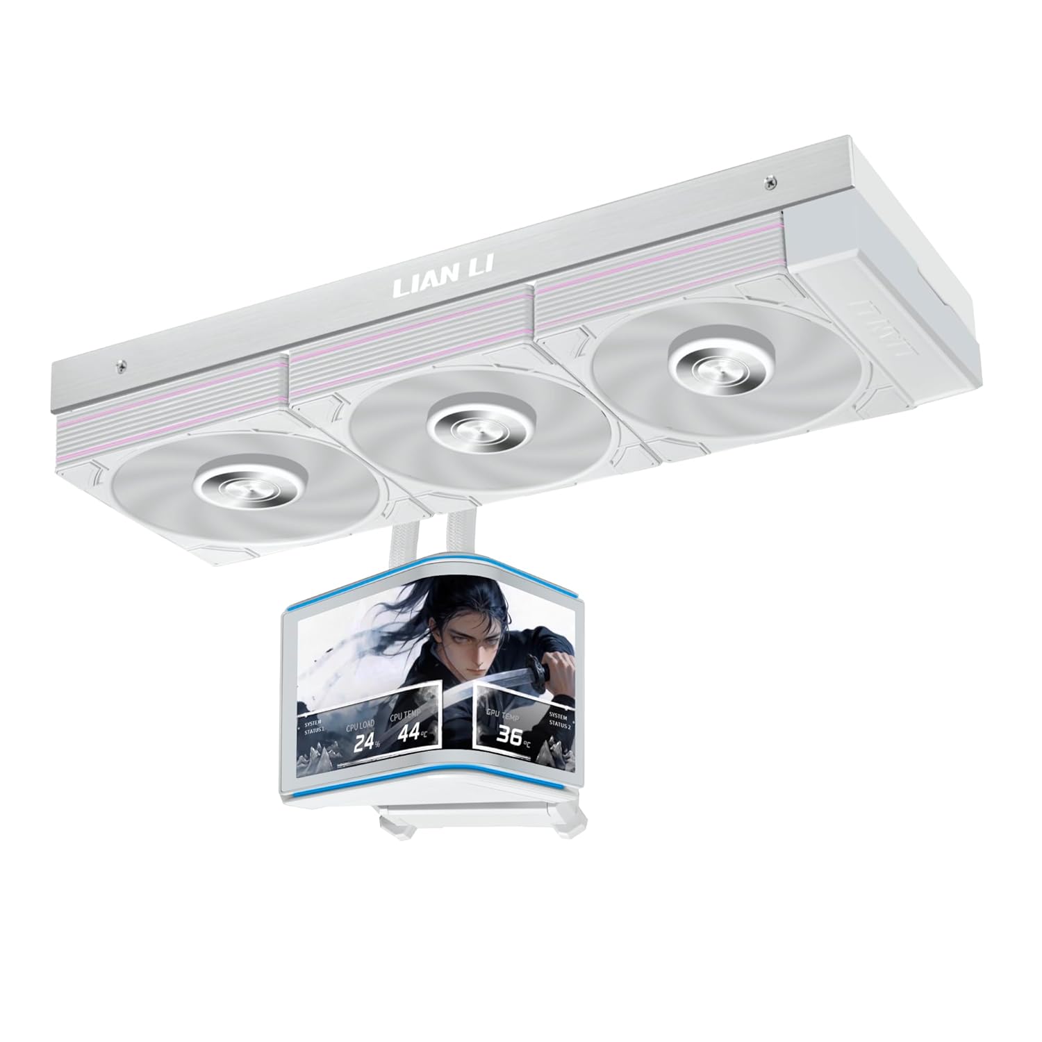 Lian Li Hydroshift II OLED Curved 360P28 Liquid CPU Cooler - 360mm AIO - 3x120mm P28 Fans - Adjustable 6.67" Screen - 3D Animation Effects - Daisy-Chain, LGA 1851/1700, AMD AM5/4- White (HS2OLDC36PW)