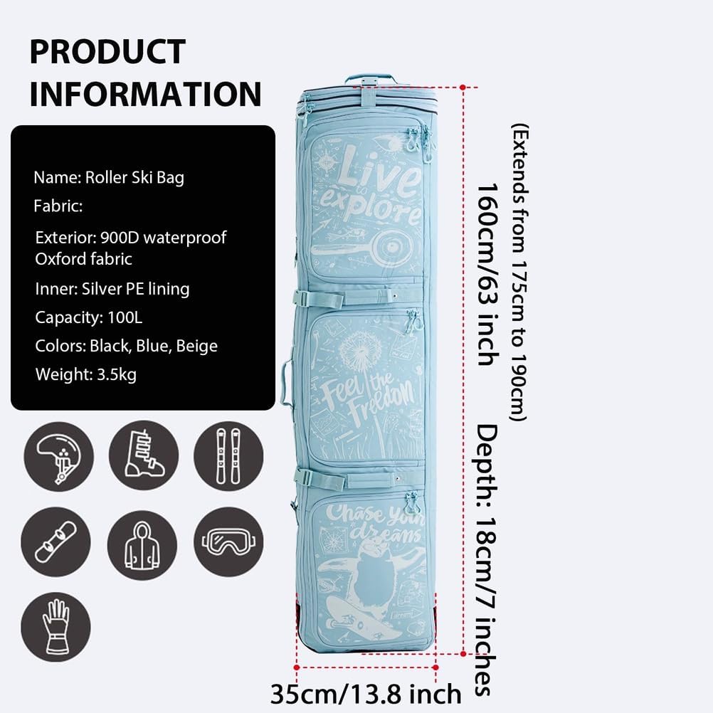 Snowboard Bag with Wheels - Rolling Double Ski Bags for Air Travel, Adjustable Length Up to 190 cm for Boots, Gloves, Skis & Accessories