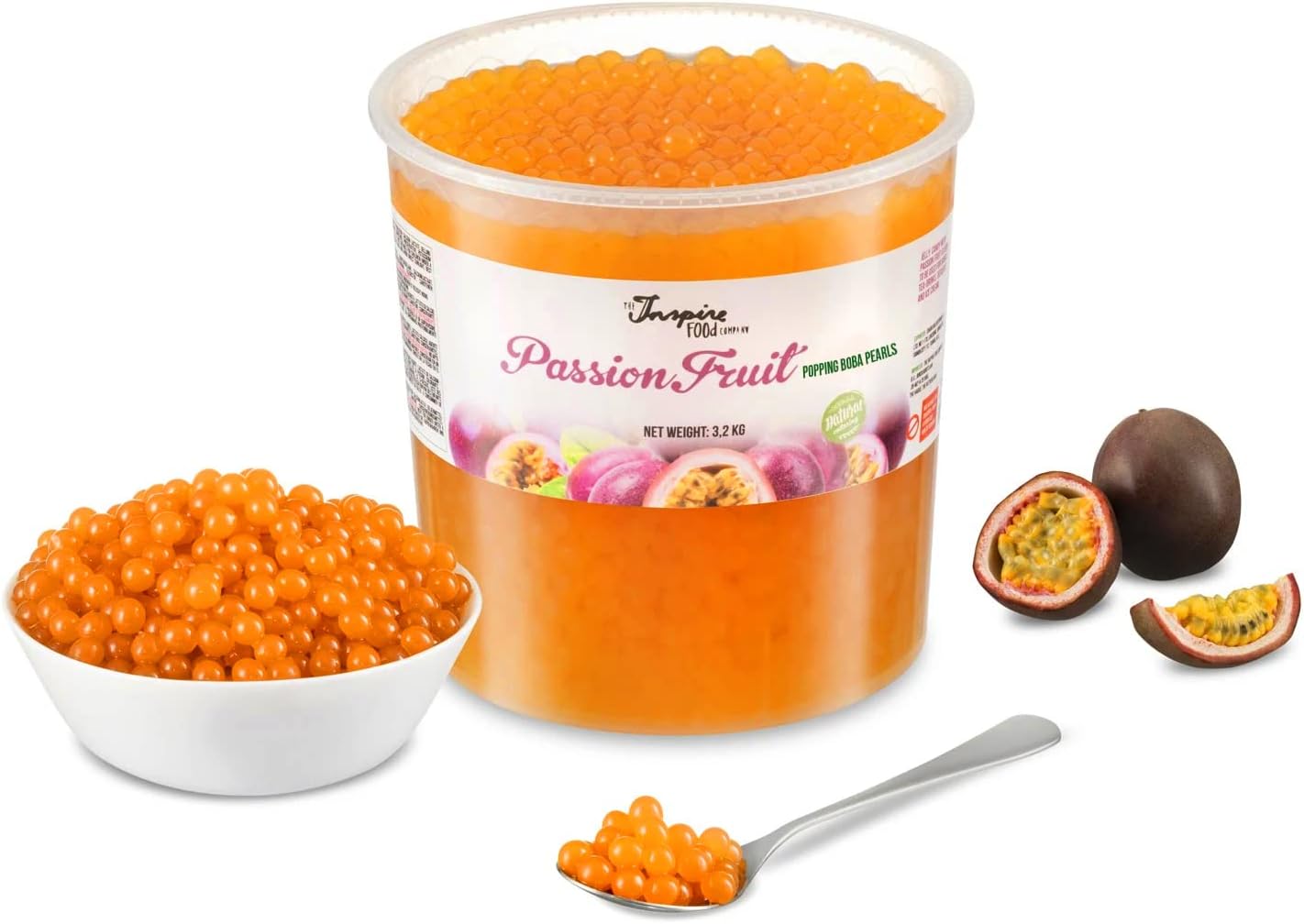 Passion Fruit INSPIRE FOOD Popping Boba Pearls for Bubble Tea | 7 lb Large Bulk Tubs | 100% Vegan & Gluten Free Bursting Pearls | Lower Sugar & Real Fruit Juice for Teas, Shakes, Dessert, Smoothies