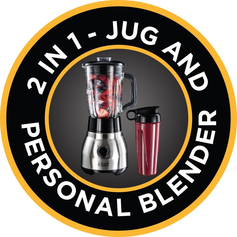 Russell Hobbs Blender [Polyvalent, Puissant & Rapide] Essential (Bol en verre 1,5L + Gourde Nomade, 4 Lames en acier Inox, 2 vitesses, Smoothie, Utilisation & Nettoyage facile) Mixeur 23821-56