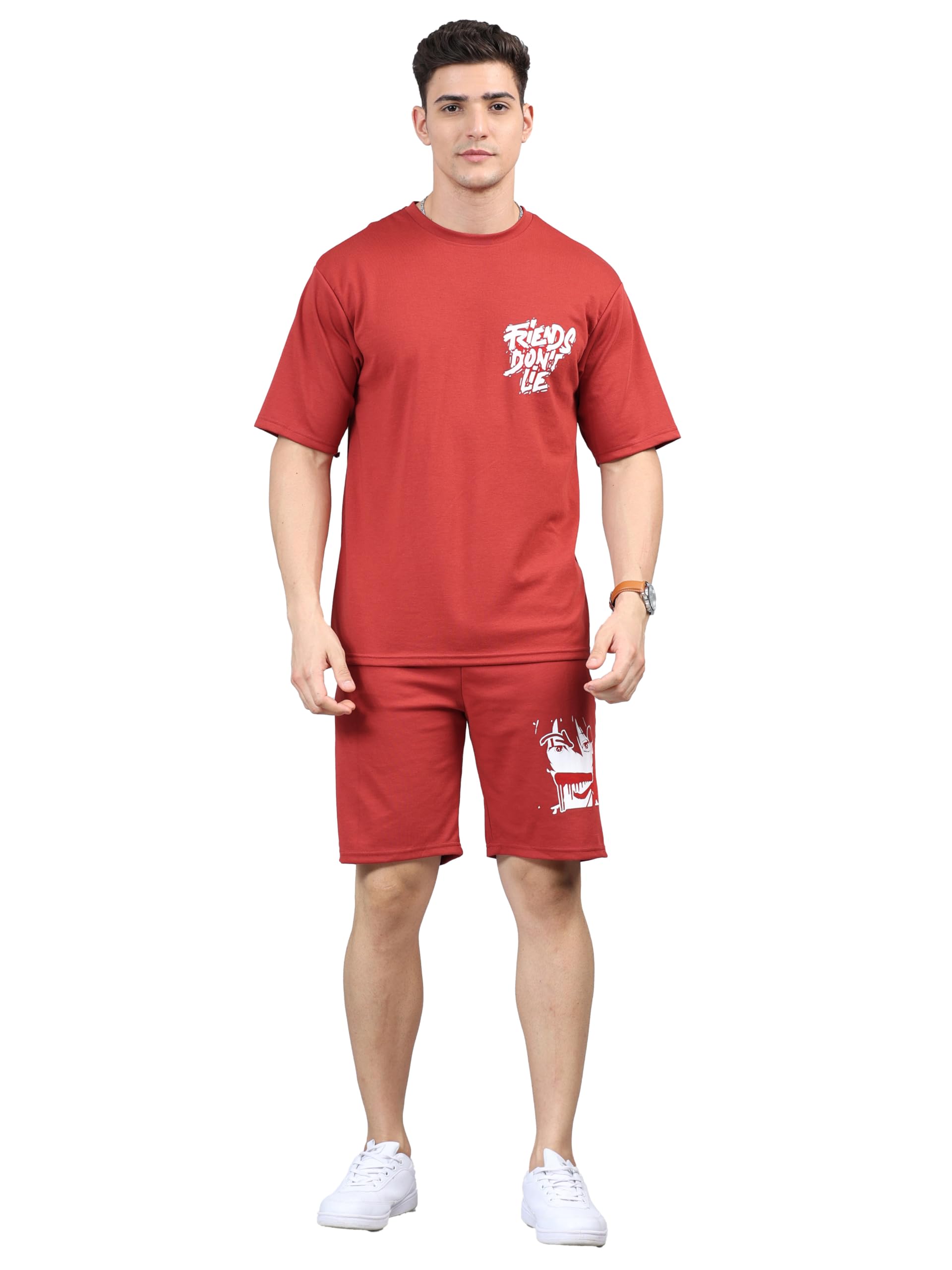 Men's Cotton Comfort Night Suit - Half Sleeve Oversized Printed Shirt & Crew Neck, Western Style Casual Nightwear, Soft Cotton Fabric, Perfect for Sleep & Lounge, Standard Length Crimson-image-40