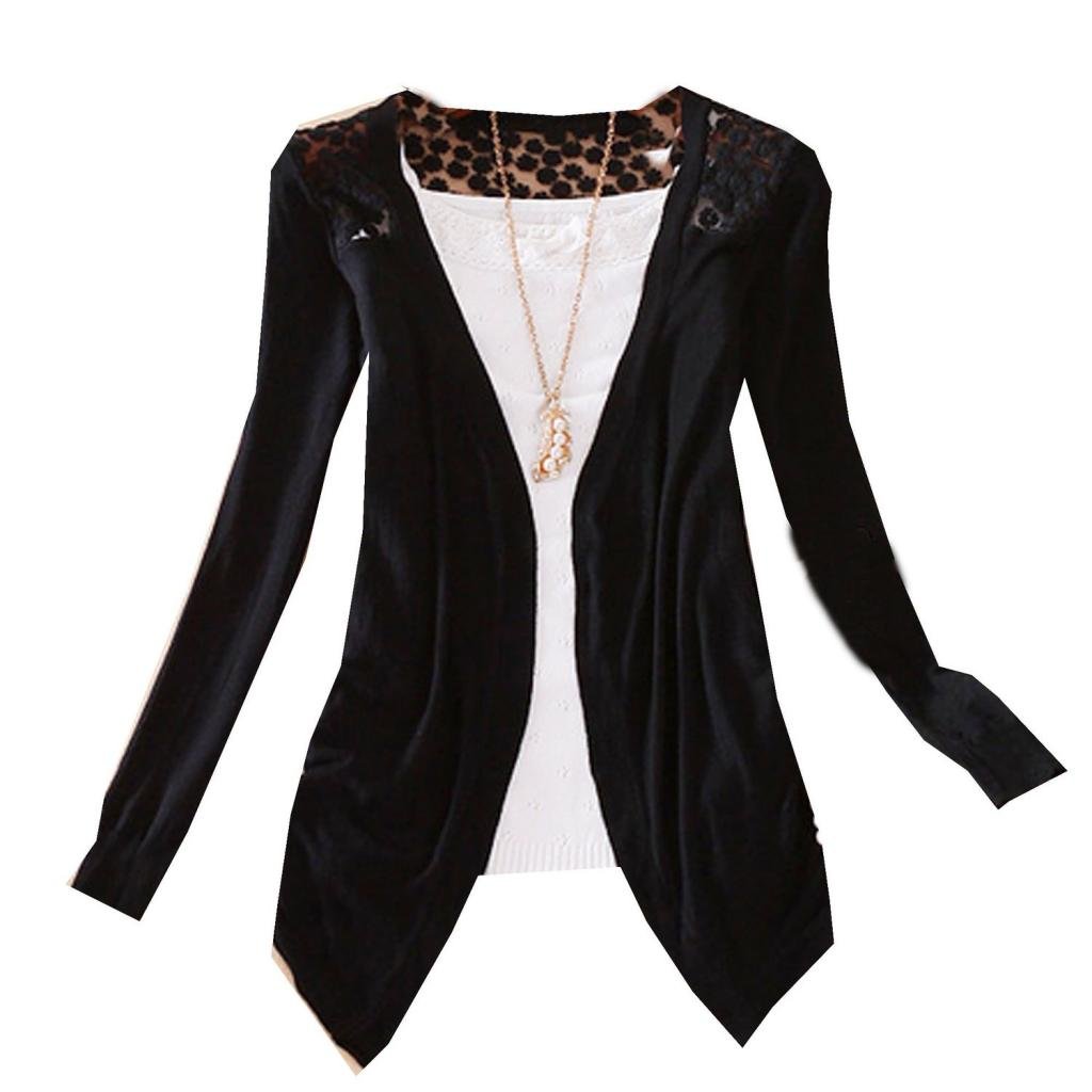 Women Autumn Floral Hollow Long Sleeve Thin Knit Cardigan Sweaters M Black