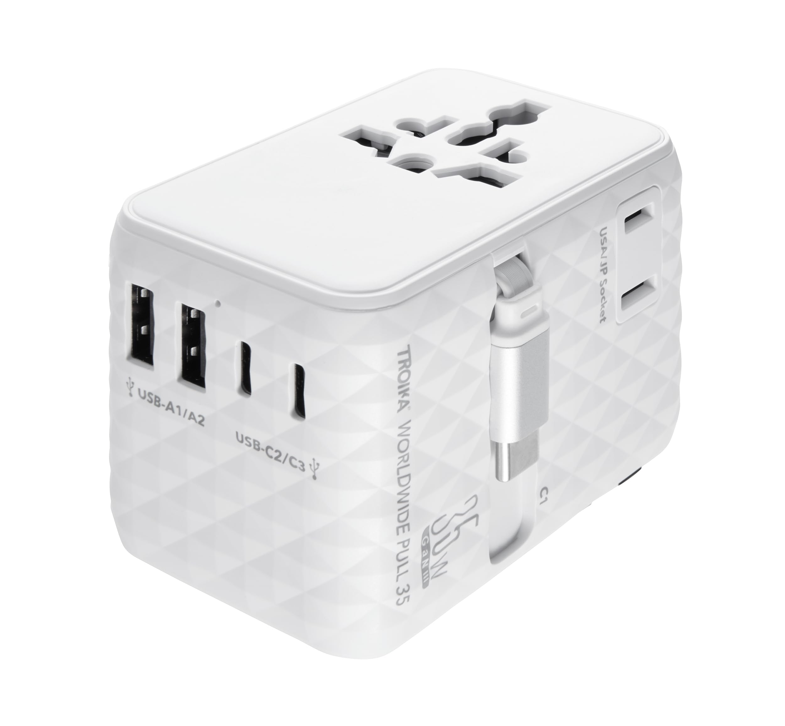 TROIKA Worldwide Pull 35 adapter podróżny na całym świecie/USA/WYŁ.UK/UK + USA/JP wraz z kablem USB-C do szybkiego ładowania i nadaje się do wszystkich powszechnie stosowanych gniazd wtykowych 5 w
