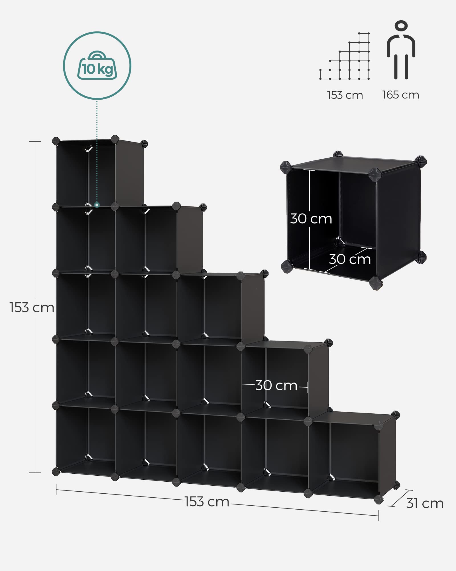 SONGMICS Regał Modułowy Zestaw 2, 16 Kostek, 123 x 31 x 123 cm