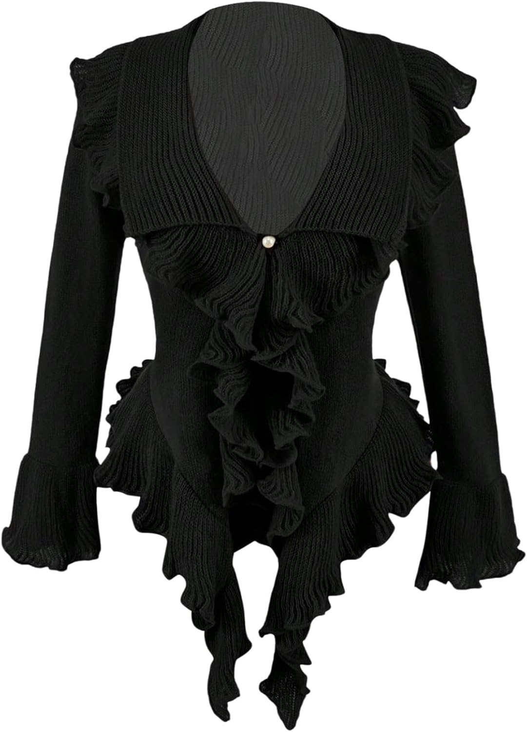 WDIRARA Women's Plus Size Ruffle Button Cardigans Bell Long Sleeve Asymmetrical Knit Sweater