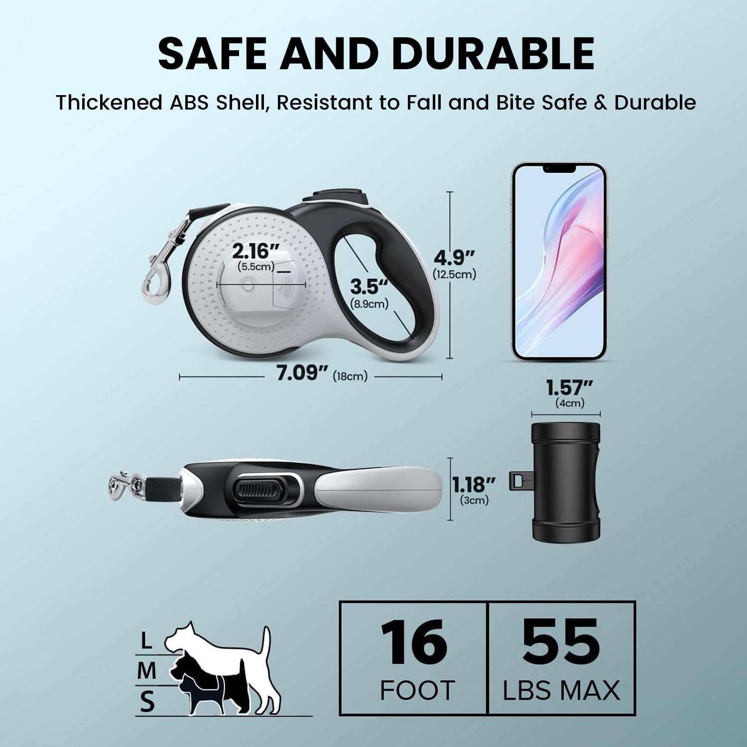 Best Dog Supplies Laisse rétractable 4 en 1 anti-traction pour chien 8 m avec lampe de poche et distributeur de sacs à déjections canines pour chiens de taille moyenne et grande – Blanc