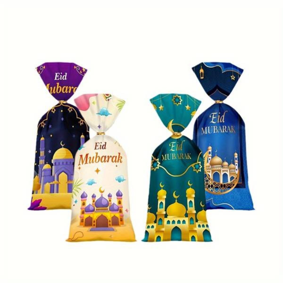 50 Pcs Ramadan Kareem Candy Cookie Bags with Twist Ties - Eid Mubarak Treat Bags for Party Favors and Gifts, Islamic Muslim Decoration Supplies for Home Celebrations