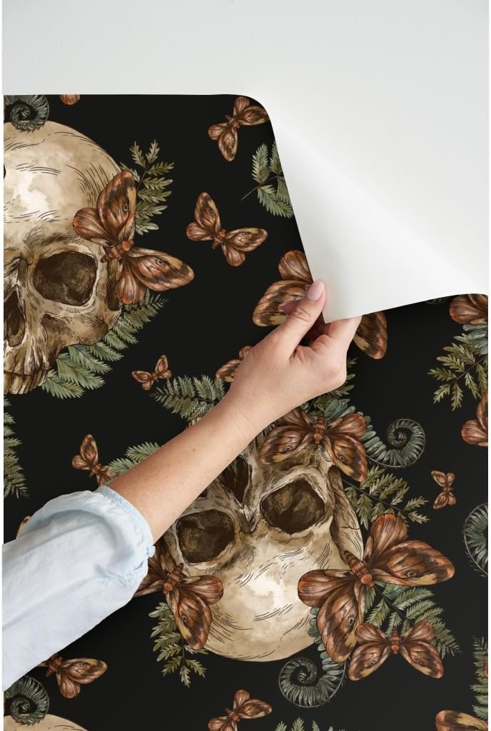 Peel & Stick Wallpaper 3ft x 2ft - Moth Skull Black Vintage Skeleton Fern Halloween Custom Removable Wallpaper by Spoonflower