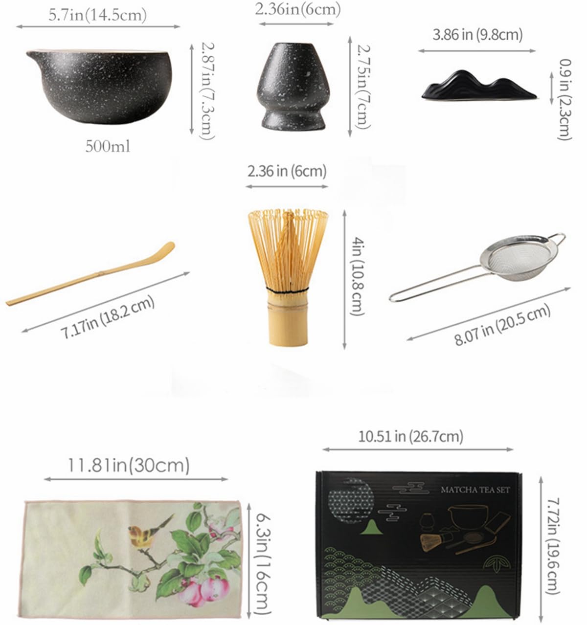 Juego de 8 batidores de matcha con caja de regalo negra, juego de kit de ceremonia de té tradicional japonés, juego de cuencos de cerámica esmaltada de color mate para amantes del té verde, color
