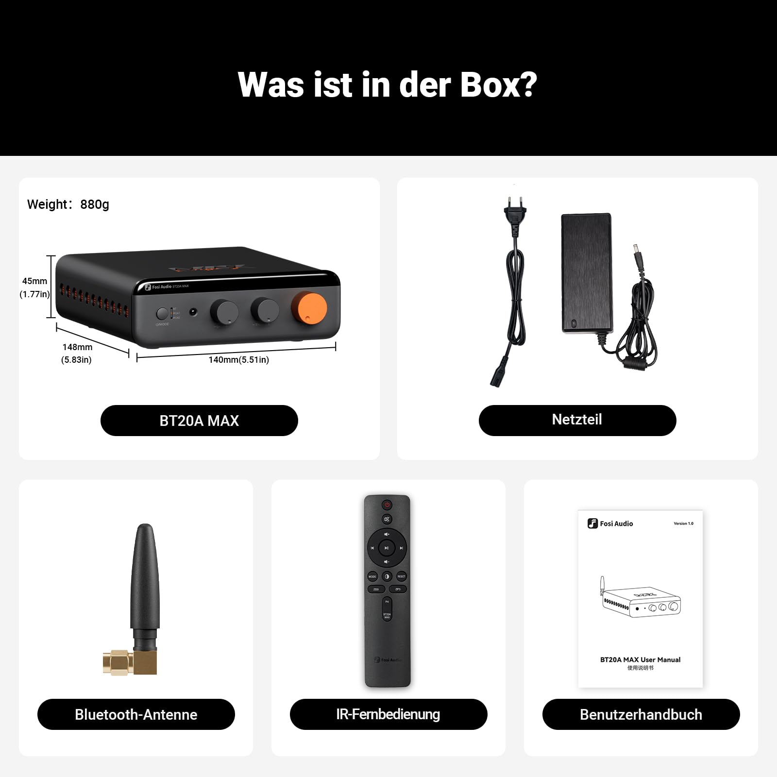 Fosi Audio BT20A MAX Verstärker HiFi Stereo, 300 Wx2@4Ω, 2.1 Verstärker mit PFFB-Technologie, LDAC Bluetooth 6.0, 2 unabhängige Netzteile, Fernbedienung, für 2.1-Systeme und Heim-Audioanlagen
