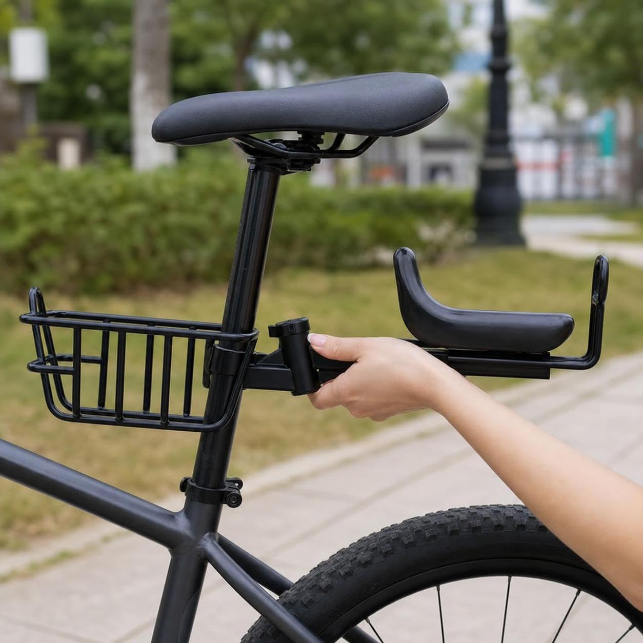 Cestino Bici in Metallo con Seggiolino Integrato, Sgancio Rapido per Bicicletta e Monopattino Elettrico, Accessorio Bici
