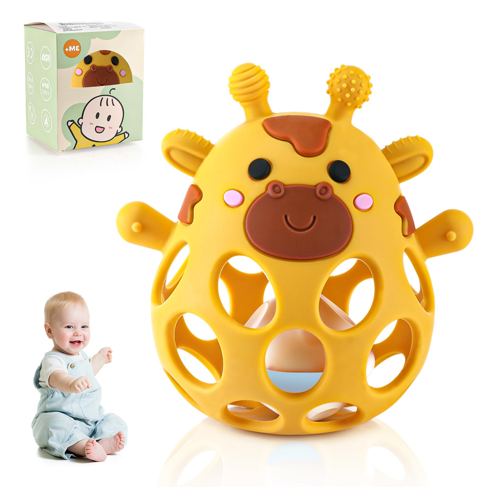 Beißring Baby Spielzeug Beißring Spielzeuge, Teething Ring Baby Toy, Silicone Rattle Toy BPA Frei Beißspielzeug Ba by Montessori Spielzeug für 3-18 Monaten (Gelb)