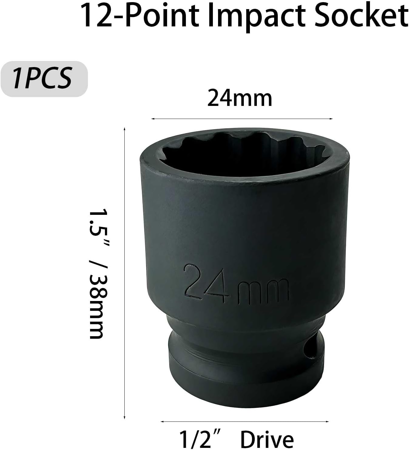 12-Point Impact Socket 1/2” Drive 24mm, Cr-V High Torque Anti-Slip Design, Black Oxide Shallow Socket for Impact Wrench, Auto & Mechanical Repair (24mm)