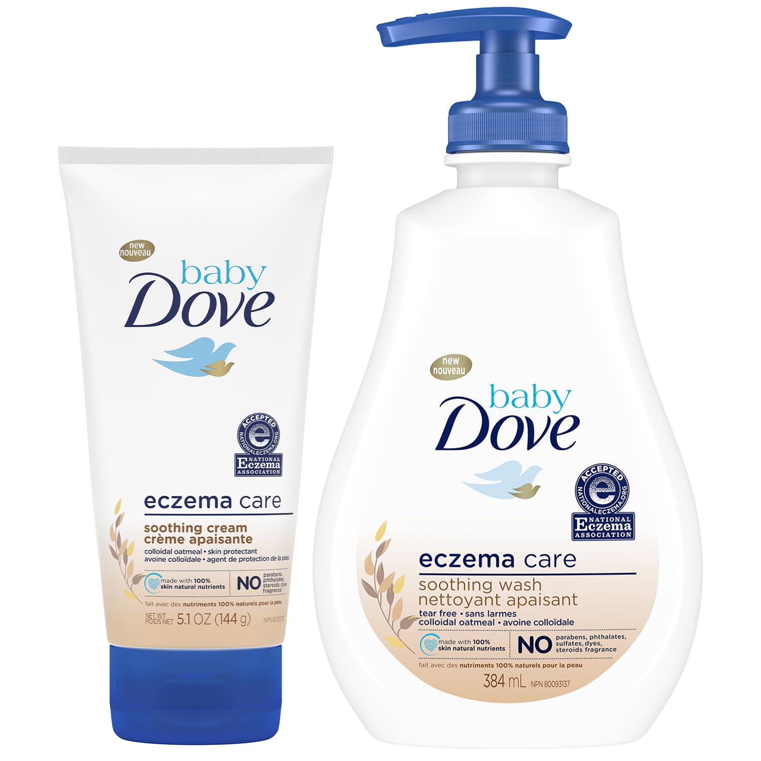 Dove Baby Skin Care Bundle – Colloidal Oatmeal Derma Care Soothing Wash & Eczema Care Soothing Cream, Fragrance Free (2 Piece Set)