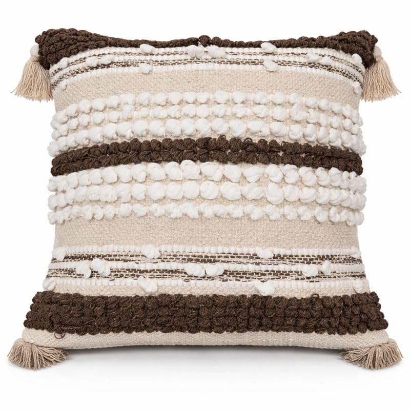Image of Boho Design Cushion Cover with Tassels, Textured Decorative Throw Pillow Cover, Beige White Brown, 16x16 Inch