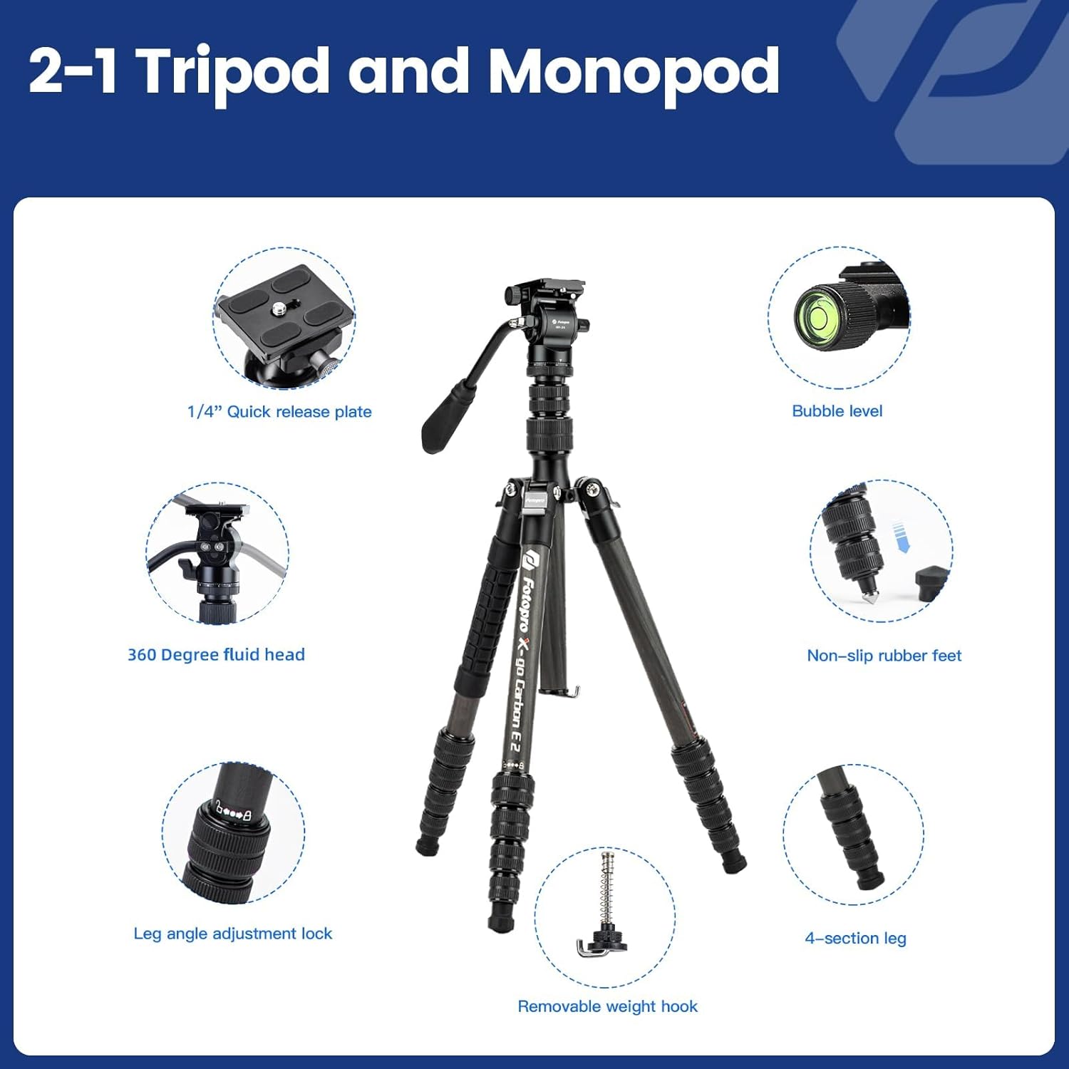 Fotopro 59" Carbon Fiber Travel Tripod with Fluid Head Detachable Monopod with Quick Release Plate and Bag Camera Tripod Load up to 8KG/17.63lbs X-go E2 Video Grey