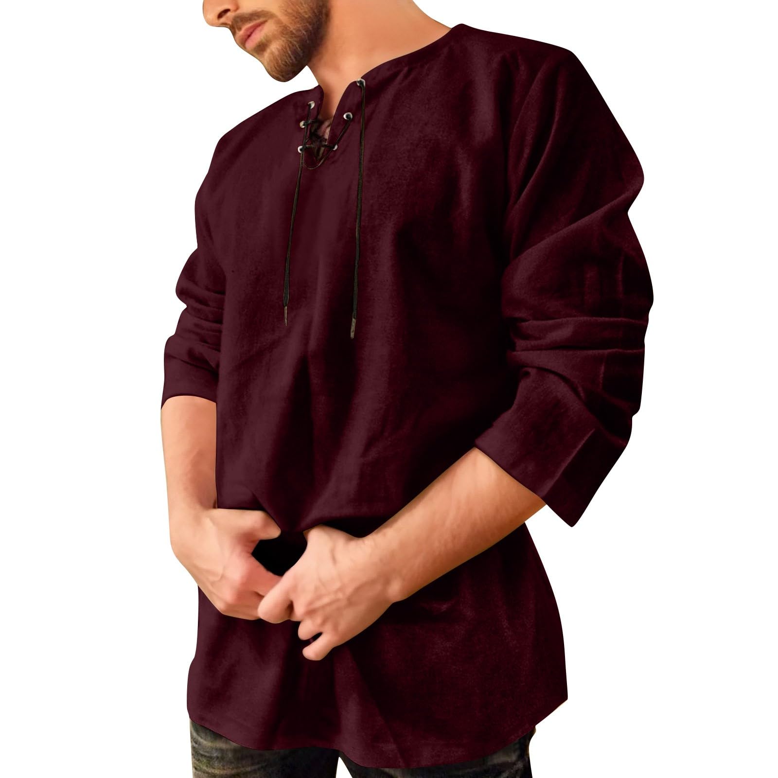 Celanisai Medieval Shirt Men's Tunic Linen Shirt Long Sleeve Retro Viking Shirts with Lacing Men's Casual Shirt Casual Fishing Shirt Viking Clothing Without Collar T-Shirt Plain Tops, O wine, M