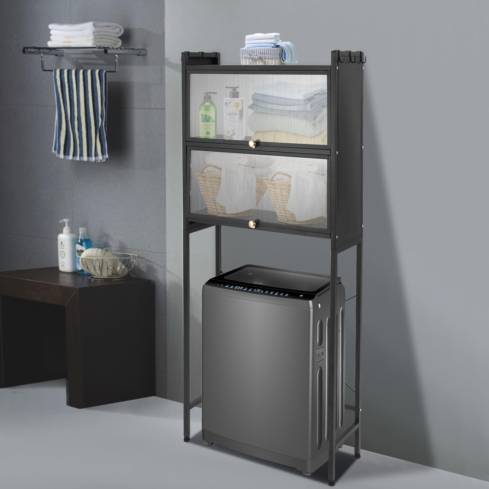 Estantería de almacenamiento sobre lavadora, estantería de baño de acero al carbono, 2 niveles, estantería para lavadora con 6 ganchos extraíbles, organizador de baño para lavadora y secadora (negro)