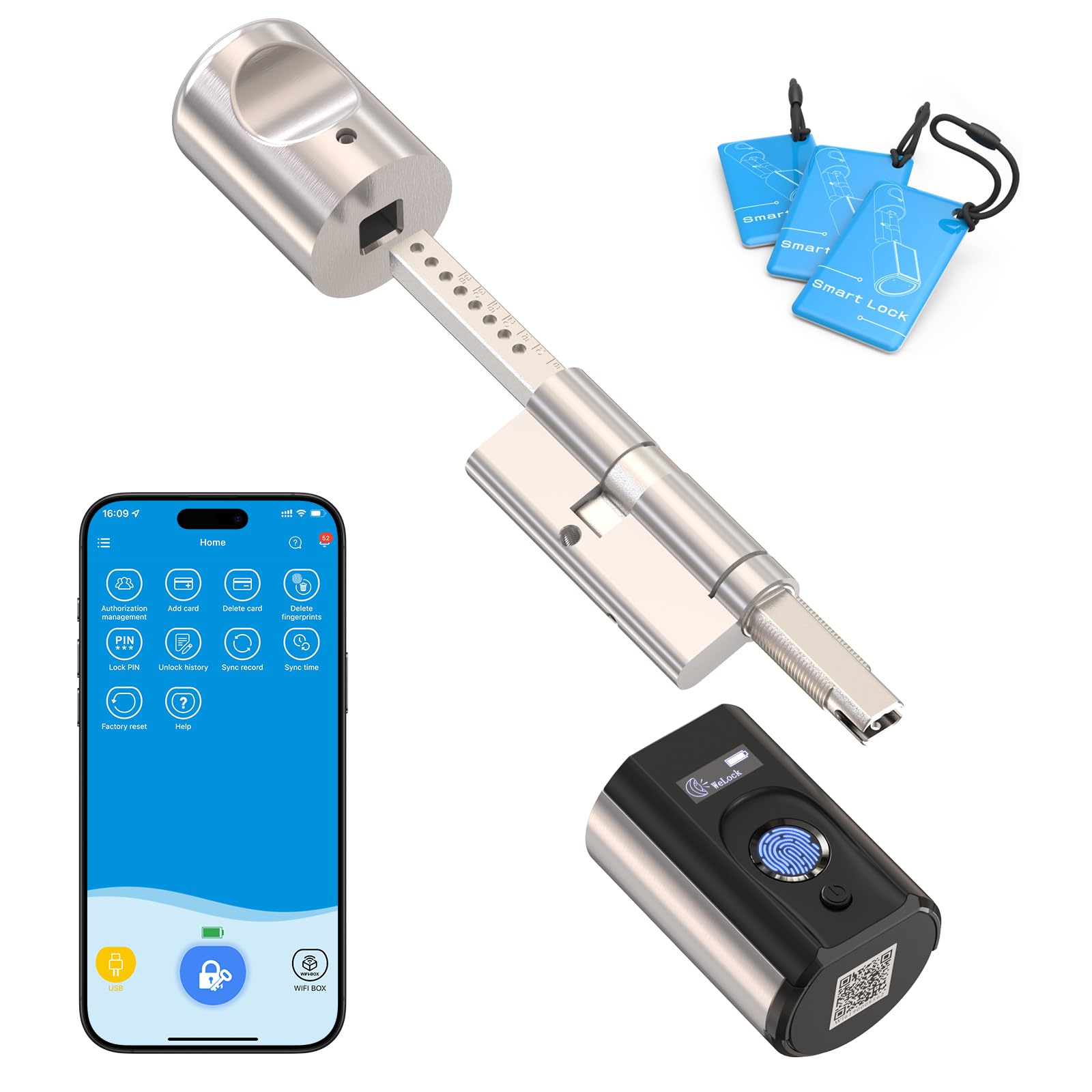 WELOCK Touch63 Fingerabdruck Türschloss, Elektronisches Fingerabdruck Schloss mit RFID-Karte, App, Abnehmbare Griffe Vorne oder Hinten, Türen mit Dicke Zwischen 50mm-100mm