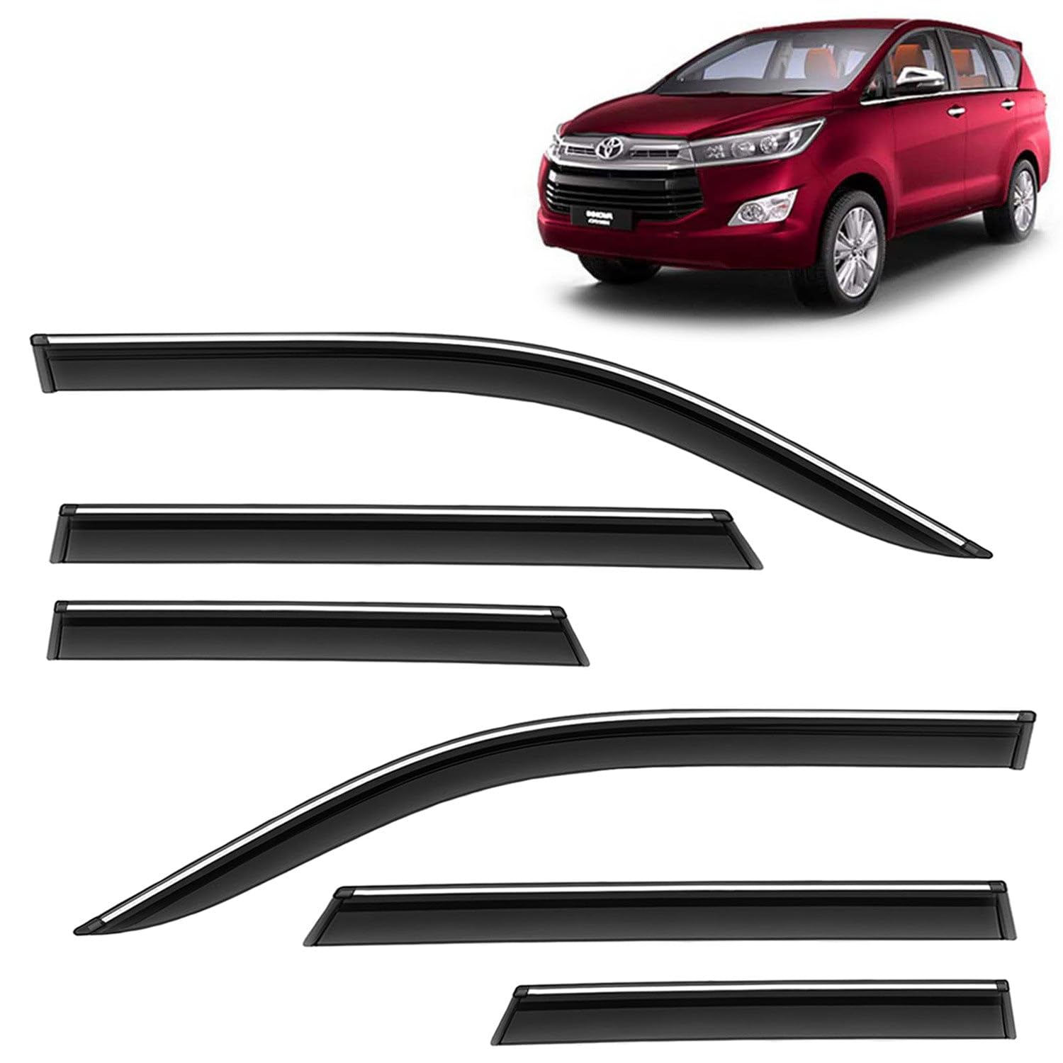 KINGSWAY Accessories Chrome Lining Door Visor Only Compatible with Toyota Innova Crysta Year 2015 to 2021 All Model, Premium Unbreakable Car Rain Guard Side Rear Wind Deflectors, Set of 6 Pcs