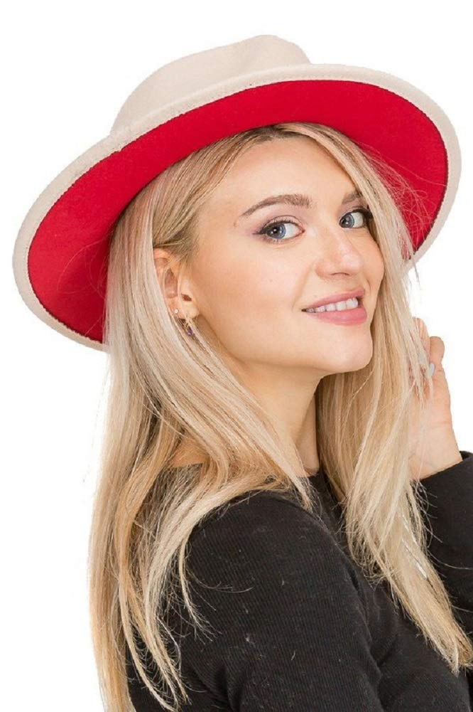 2Chique Boutique Women's Boho Chic Solid Red Lined Wide Brimmed Panama Style Felt Hat (Khaki)