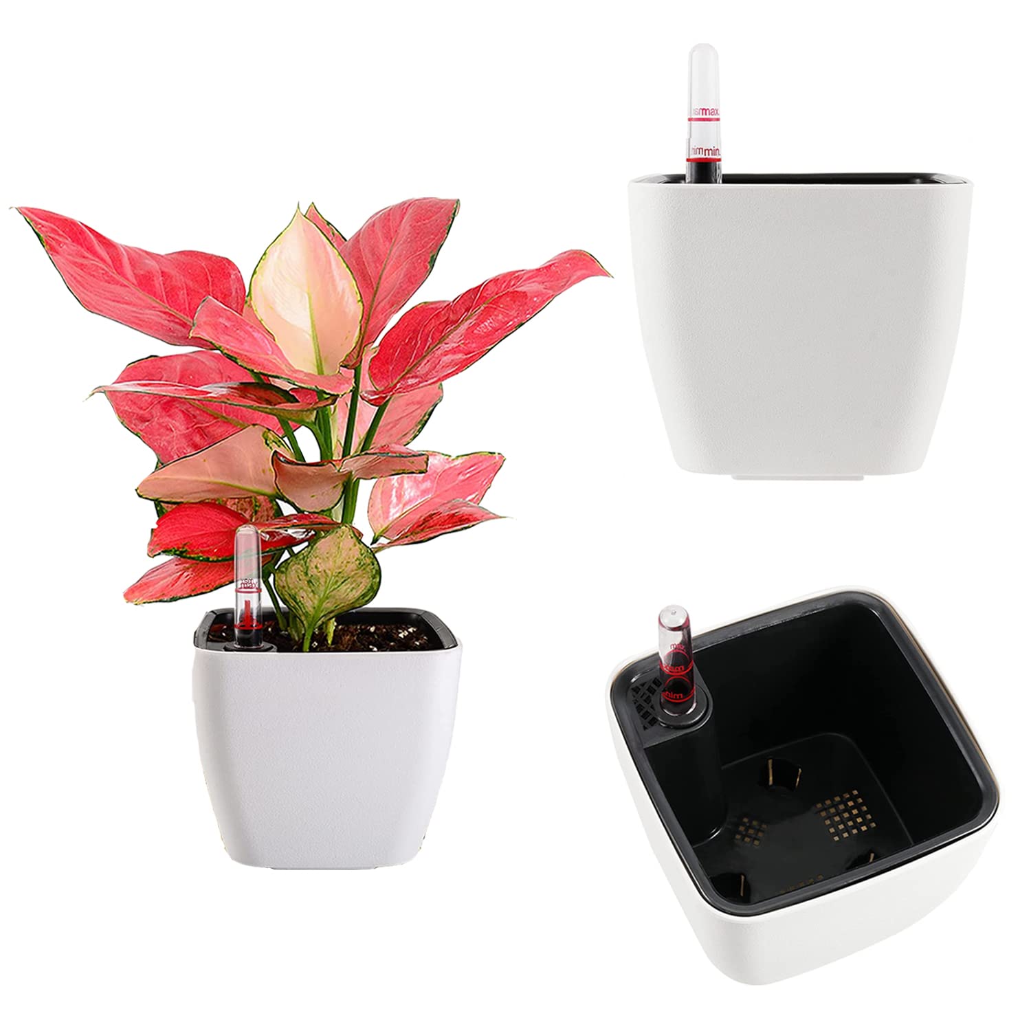 Optibuy White Square Double Pots Self Watering Planter, 2 Pack 7.8 Inch Two-Layer Flower Pot with Water Level Gauge, Plastic Plant Pot for Indoor or Outdoor Plants, Flowers, Herbs