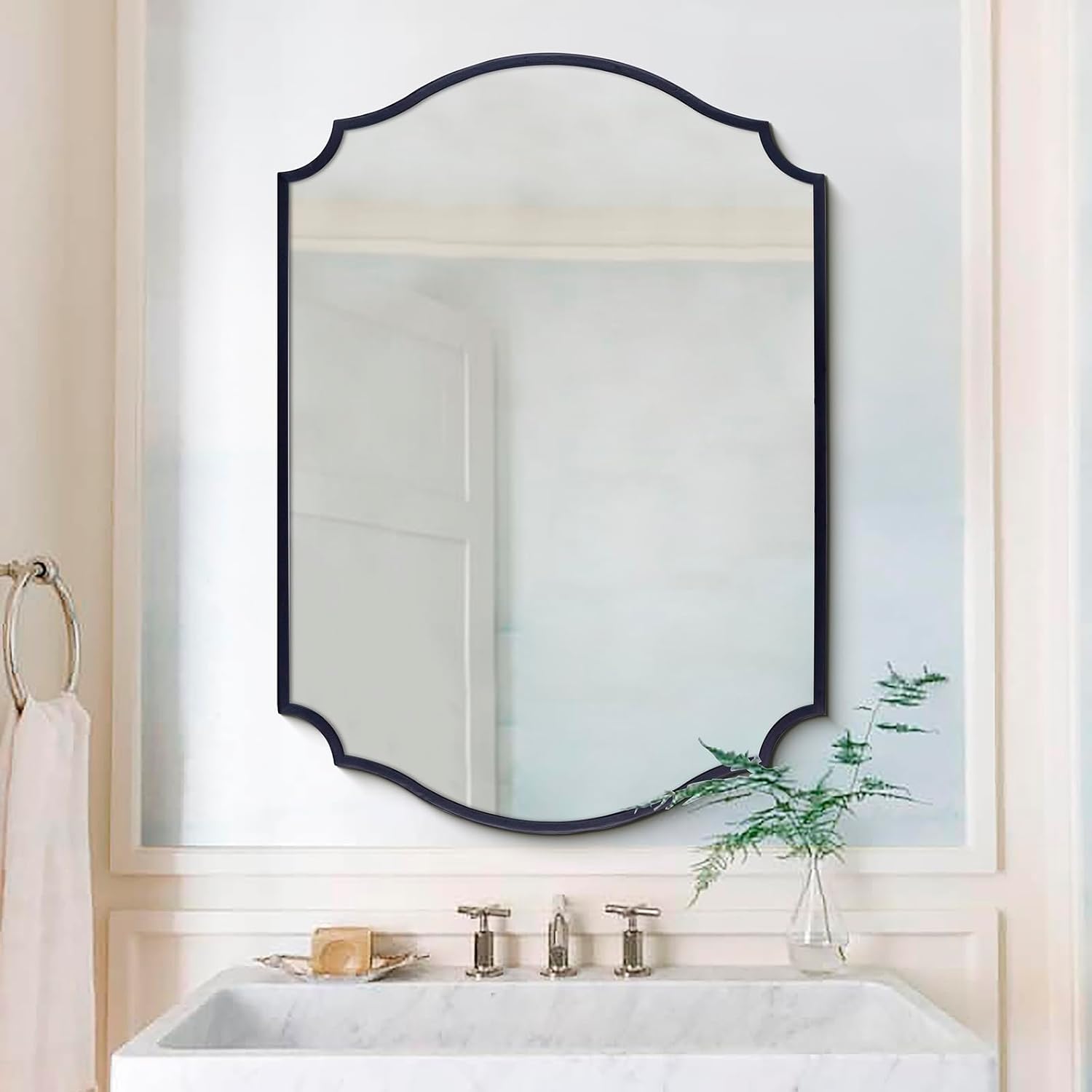Chende Black Arched Mirror, 32'' x 20'' Decorative Wall Mirrors for Home, Black Bathroom Mirror with Metal Frame, Modern Scalloped Mirror for Entryway, Living Room, Dining Room 32"L x 20"W