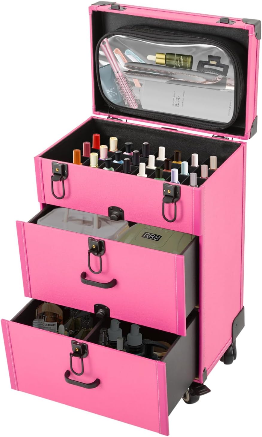 Professional Makeup Case Rolling Cosmetic Trolley Jewelry Travel Make Up Train Storage Organizer Luggage 3Tier Large Waterproof Tour Suitcase With 4Wheels For Makeup Artist Cosmetologist (Rose Red)