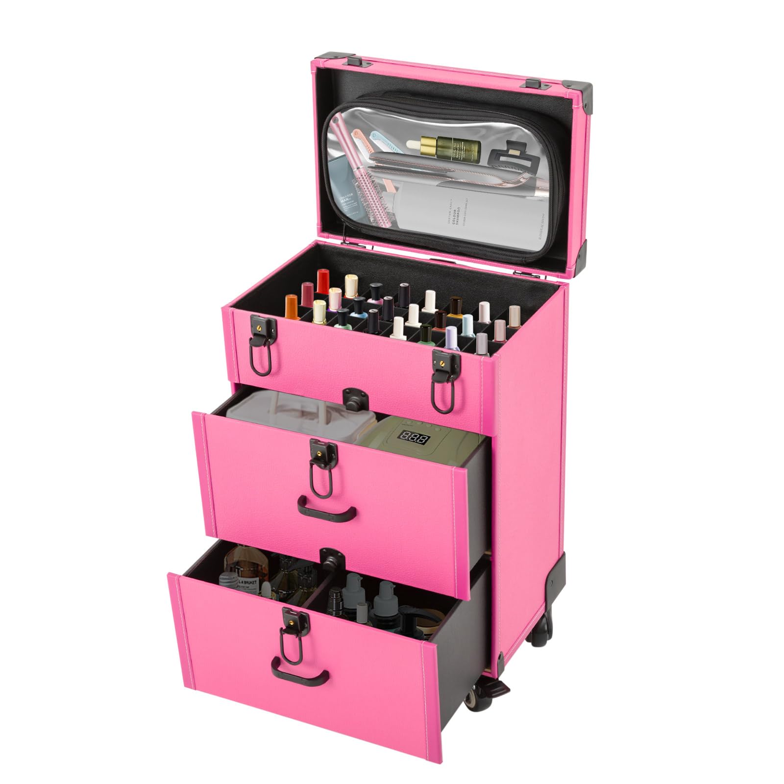 Professional Makeup Case Rolling Cosmetic Trolley Jewelry Travel Make Up Train Storage Organizer Luggage 3Tier Large Waterproof Tour Suitcase With 4Wheels For Makeup Artist Cosmetologist (Rose Red)