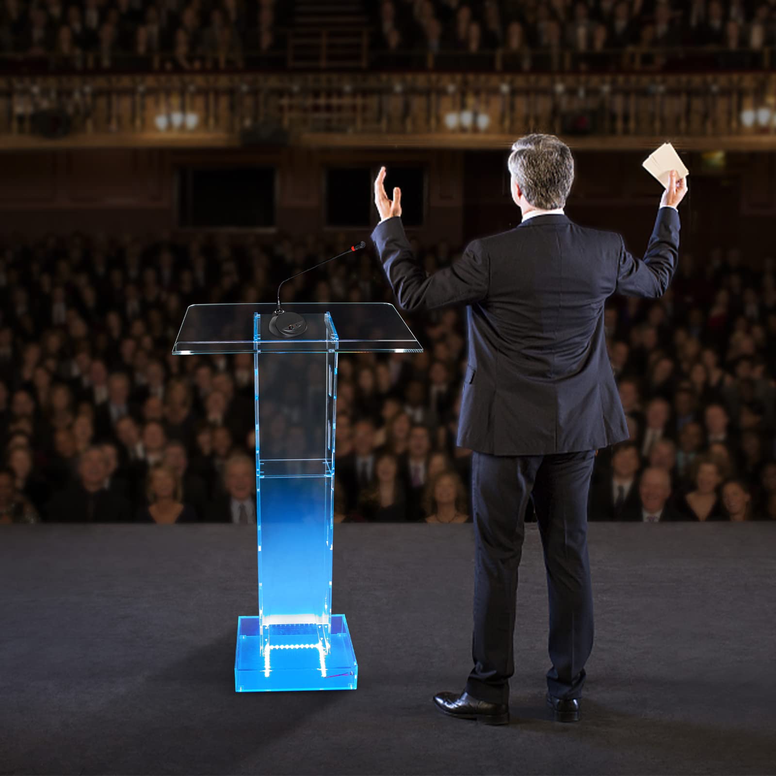 Lucite Podium en Acrylique Transparent Chaire D'église Podium Transparent Table de Conférence Podium en Acrylique avec Lumière LED Bleue,Convient pour église, école, Ambassade, Scène