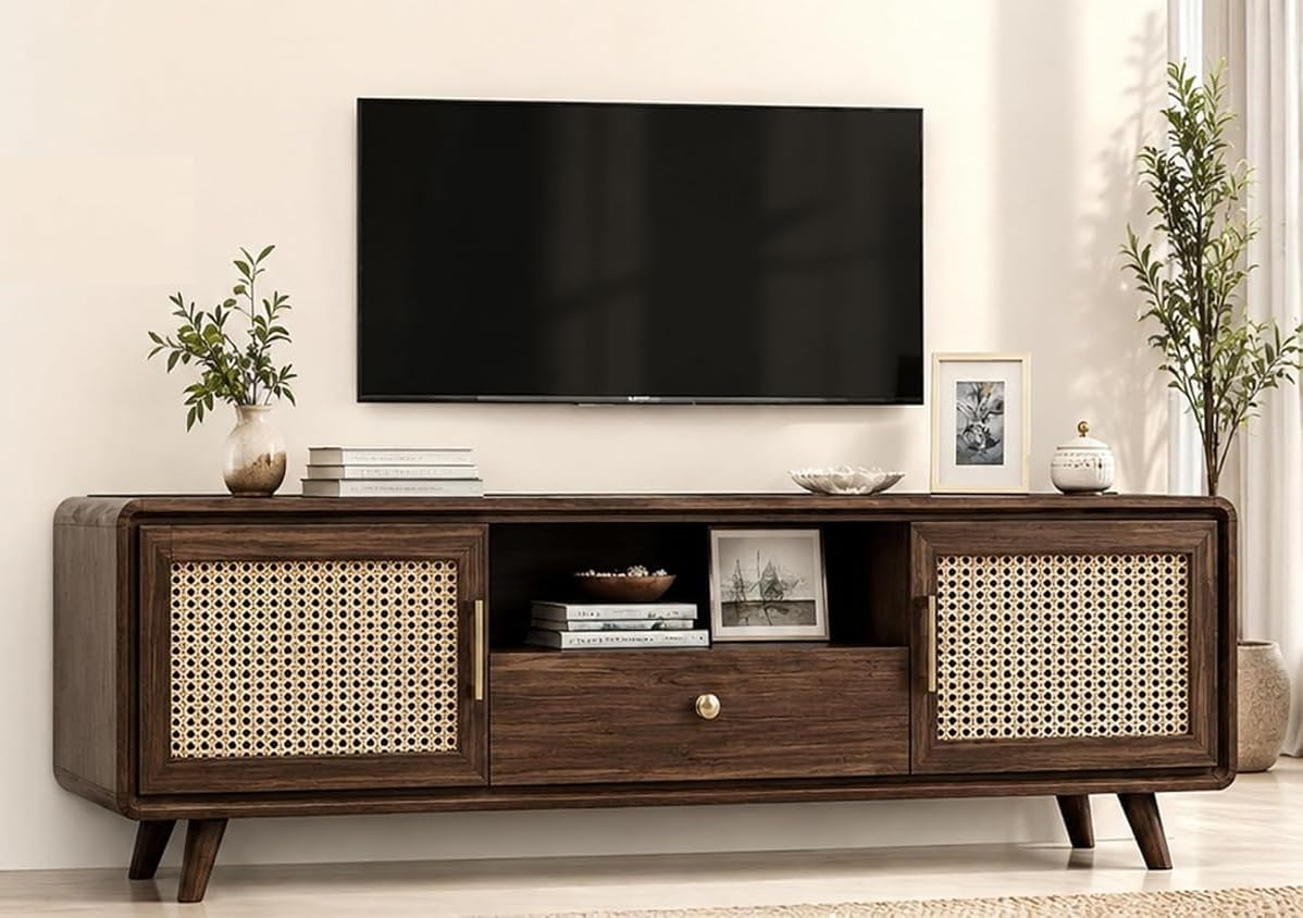 Solid Sheesham Wood TV Unit with 2 Doors, 1 Drawer & Open Shelf Storage | Modern Wooden TV Cabinet & Entertainment Center Console Table for Living Room, Bedroom Furniture | Walnut Finish-image-23