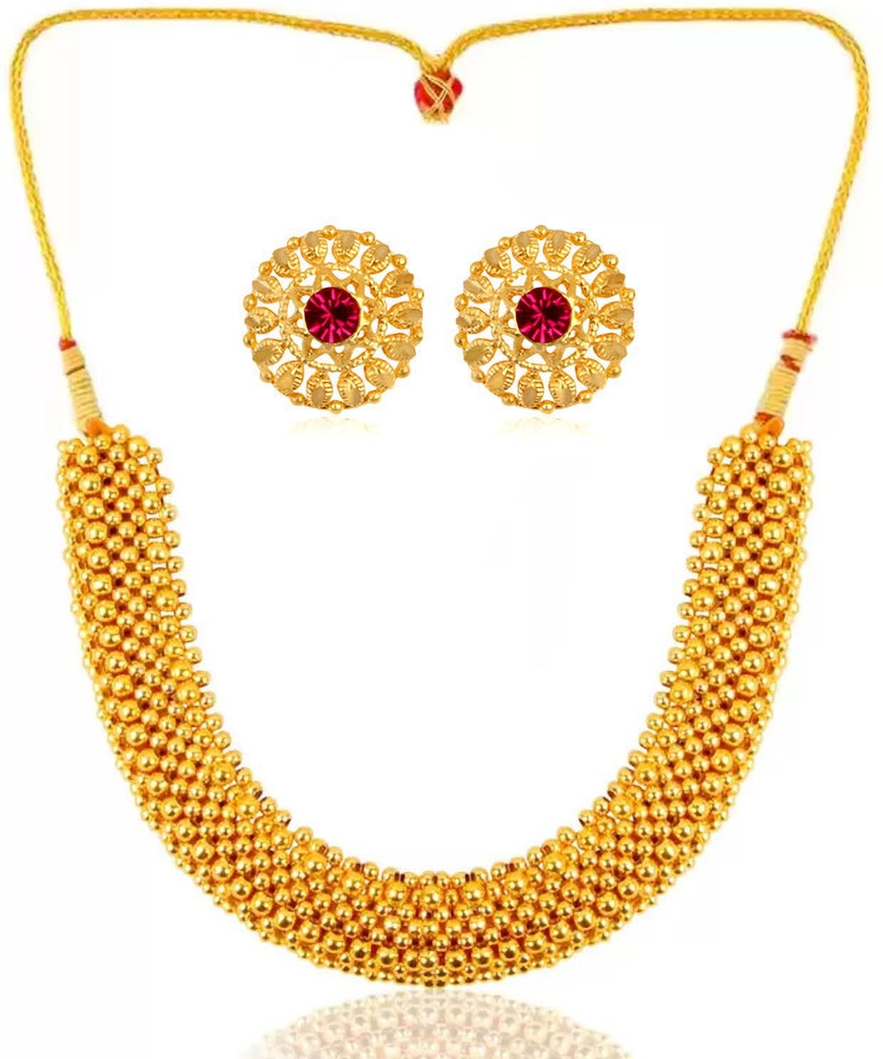 Traditional Wedding Maharashtrian Kolhapuri Thushi Necklace Saaj Thushi Mangalsutra Pendant Locket Necklace Set Jewellery Set with Jhumki Earring Combo THUSHI 801-JHUMKI EARRING-PARENT-image-3