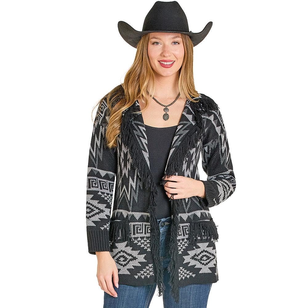 Rock Roll Denim Womens Black Aztec Fringe Cardigan
