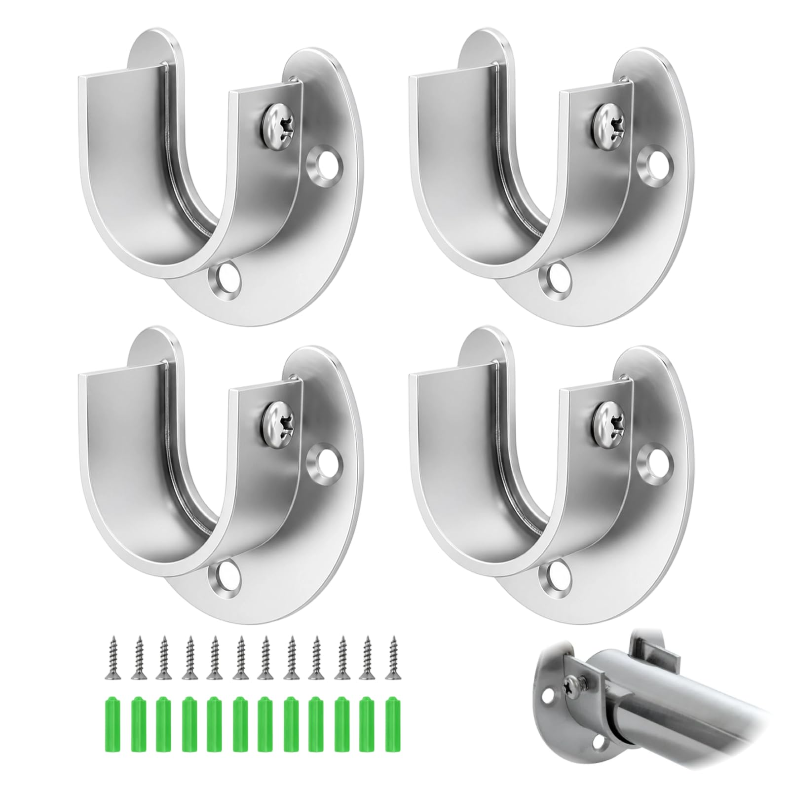 4 Pack Flange Rod Holder, Wardrobe Rail Brackets, Pole Brackets and Rail End Sockets, Stainless Steel Closet Rod Bracket Supports for 25mm Rods, Curtain Pole Ends, Home Storage Organisation