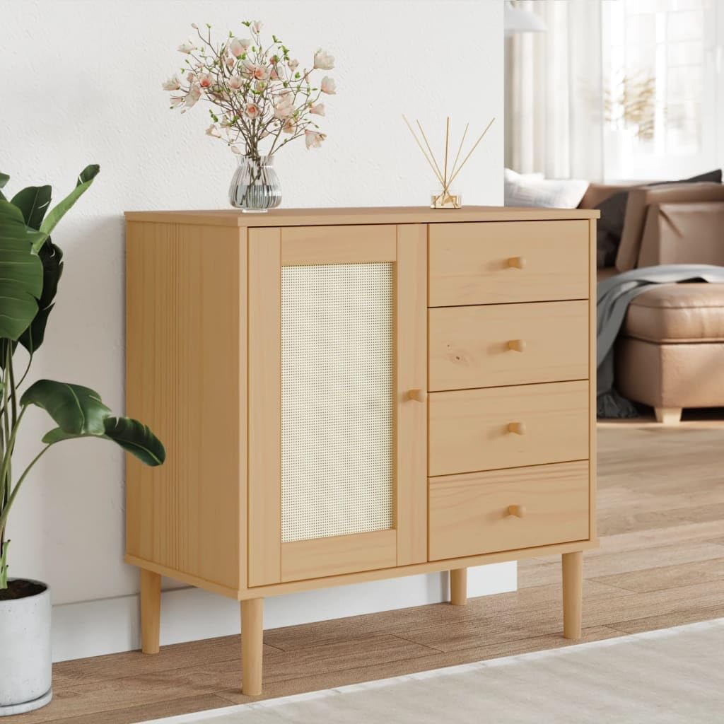 Brown Sideboard with 4 Drawers and 2 Compartments, Solid Pine Wood Engineered Wood Poly Rattan Storage Cabinet for Living Room Hallway, Modern Furniture with UV Varnish Finish