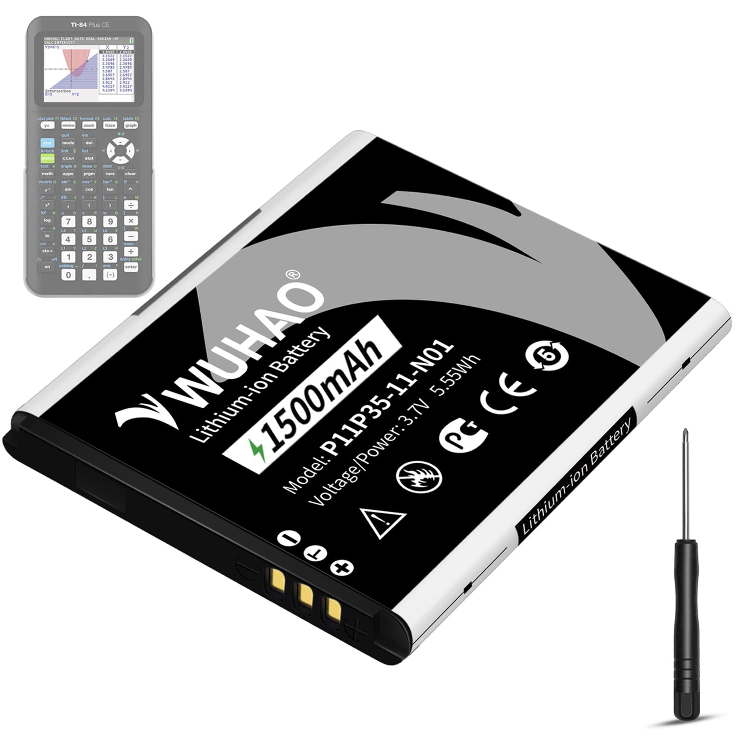 WUHAO TI-84 Plus CE Battery Replacement [2026 Upgraded] 1500mAh for Texas Instruments TI 84 Plus CE/TI-Nspire CX II/Color TI Nspire CX Part No 3.7L12005SPA P11P35-11-N01 Battery 3.7V with Tool