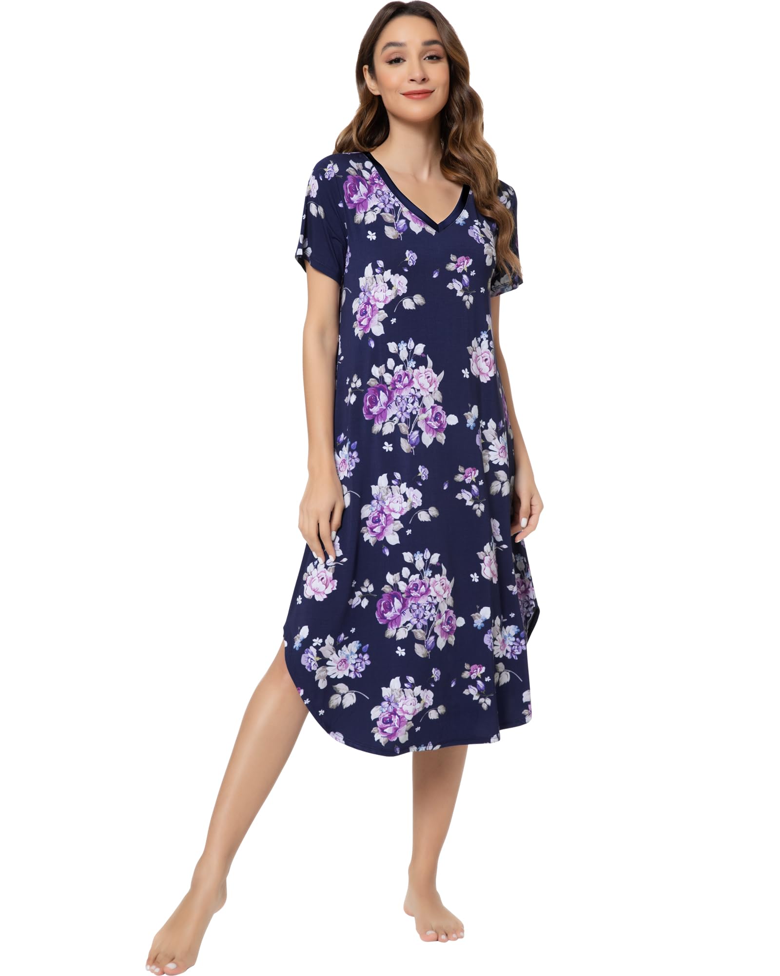 NACHILA Bamboo Viscose Nightgowns for Women Cooling Short Sleeve Sleepshirt | Soft V Neck Night Gowns, Moisture-Wicking Sleepwear for Hot Flashes &amp; Night Sweats, Ladies Nightshirts for Sleep, Home, Gift