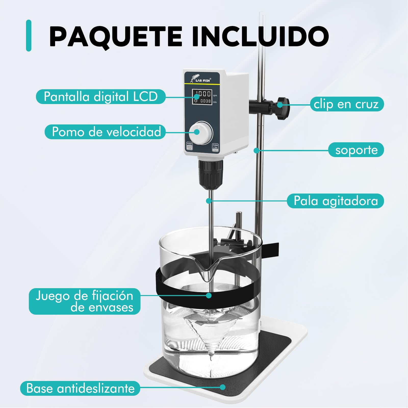 LAB FISH Agitador de Sobremesa Overhead Stirrer, Mezclador de Laboratorio con Paleta y Soporte Acero Inox, Velocidad Ajustable 100-1500 RPM, Temporizador 1min-24h, 20L