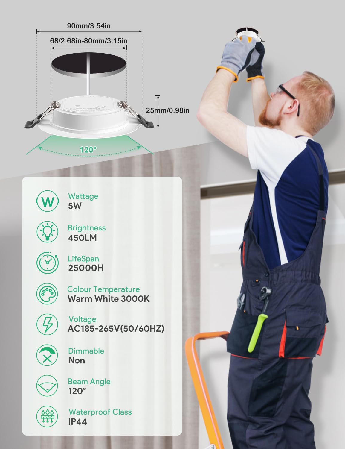 24 Faretti LED da Incasso, 5W Faretti LED da Incasso per Cartongesso | 450 Lumen IP44, AC 220 - 240V 25mm Luci Ultrasottili da Soffitto Bianco Caldo, Angolo a Fascio 120° Foro Incasso 68mm - 90mm